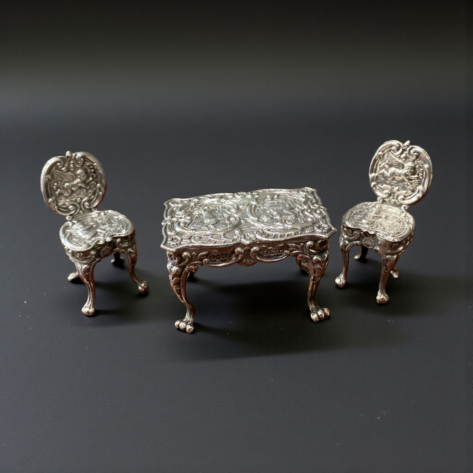 Miniature silver table & two chairs, Birmingham 1962 by Marston and Co
