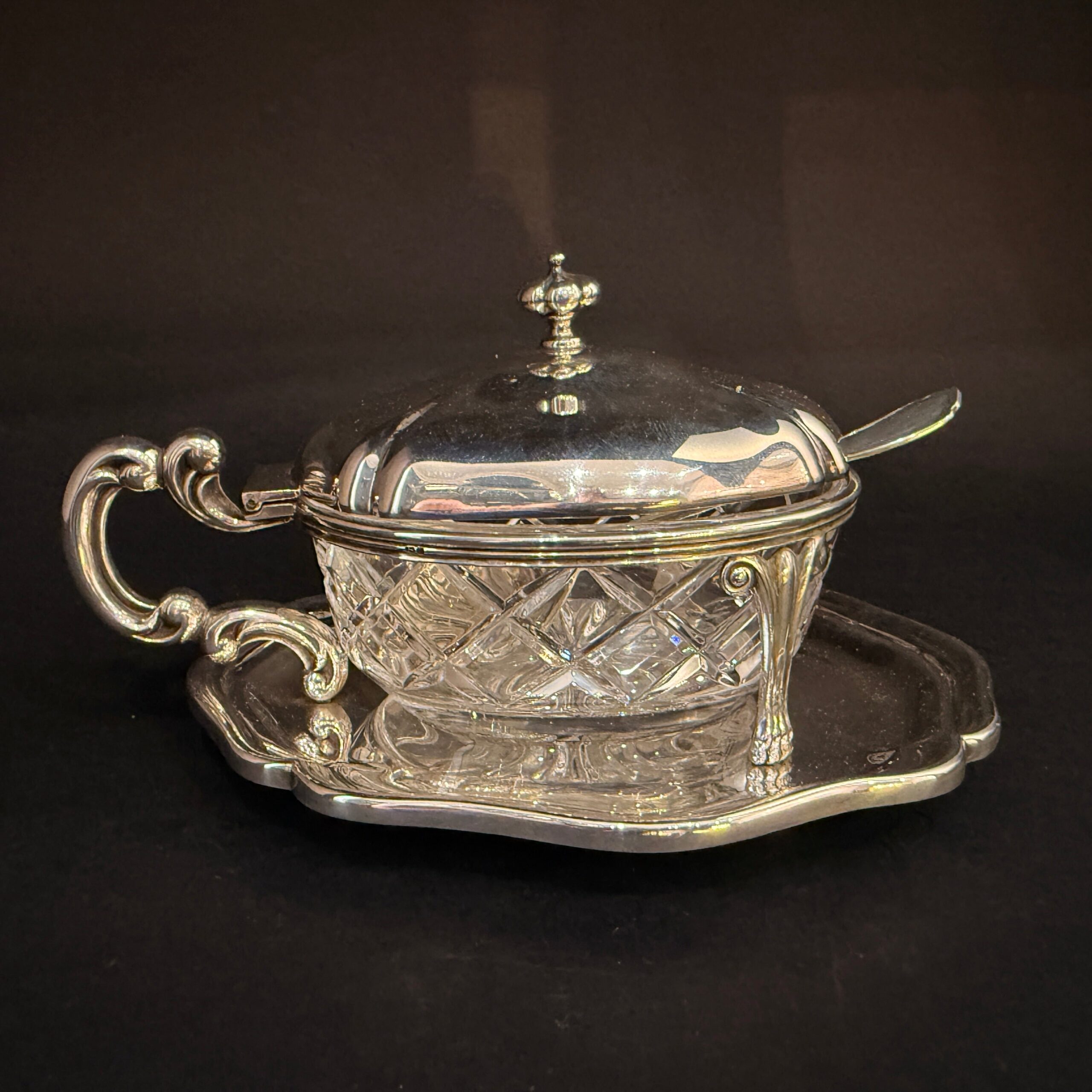 Jam pot with silver tray & spoon, Birmingham 1996