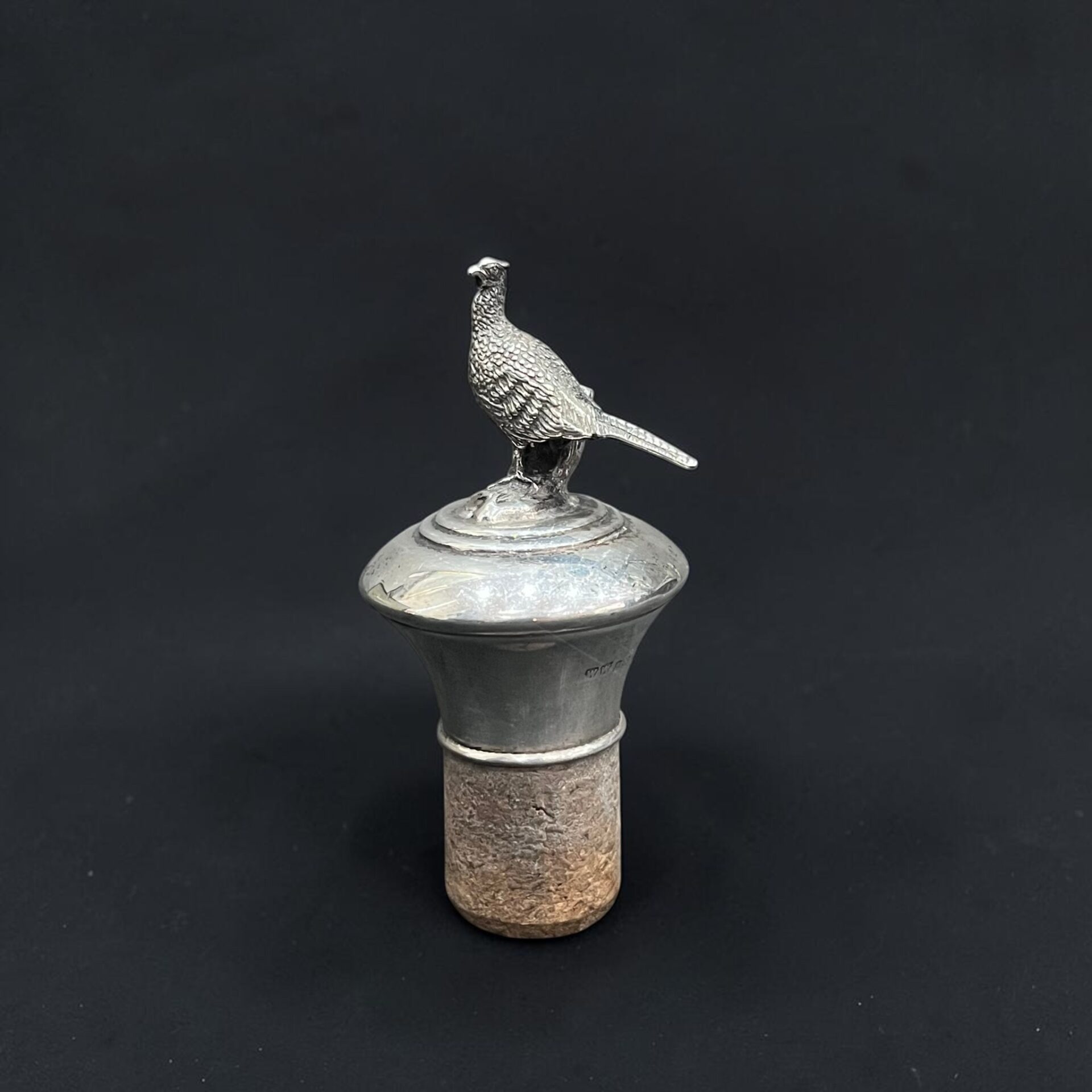 Silver pheasant top bottle stopper, Birmingham 1980 by WW